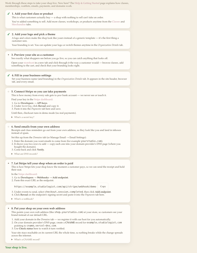 The admin onboarding checklist walking a studio owner through adding classes, branding, connecting Stripe, email, and a custom domain.